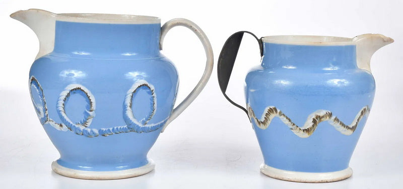 Rare English Mochaware Earthworm Pitchers, 2 available, 19th Century