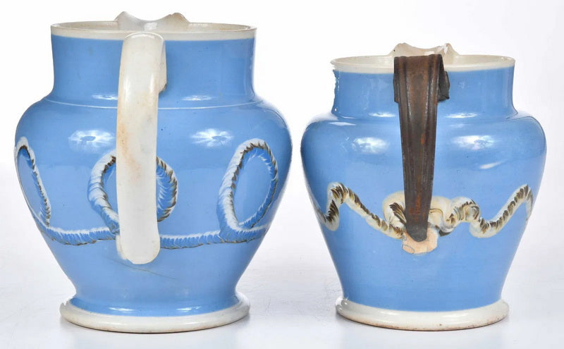 Rare English Mochaware Earthworm Pitchers, 2 available, 19th Century