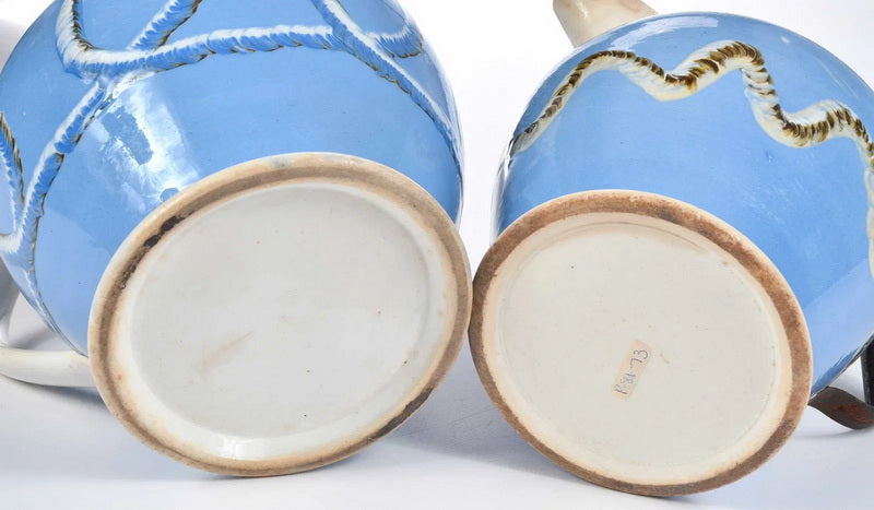 Rare English Mochaware Earthworm Pitchers, 2 available, 19th Century
