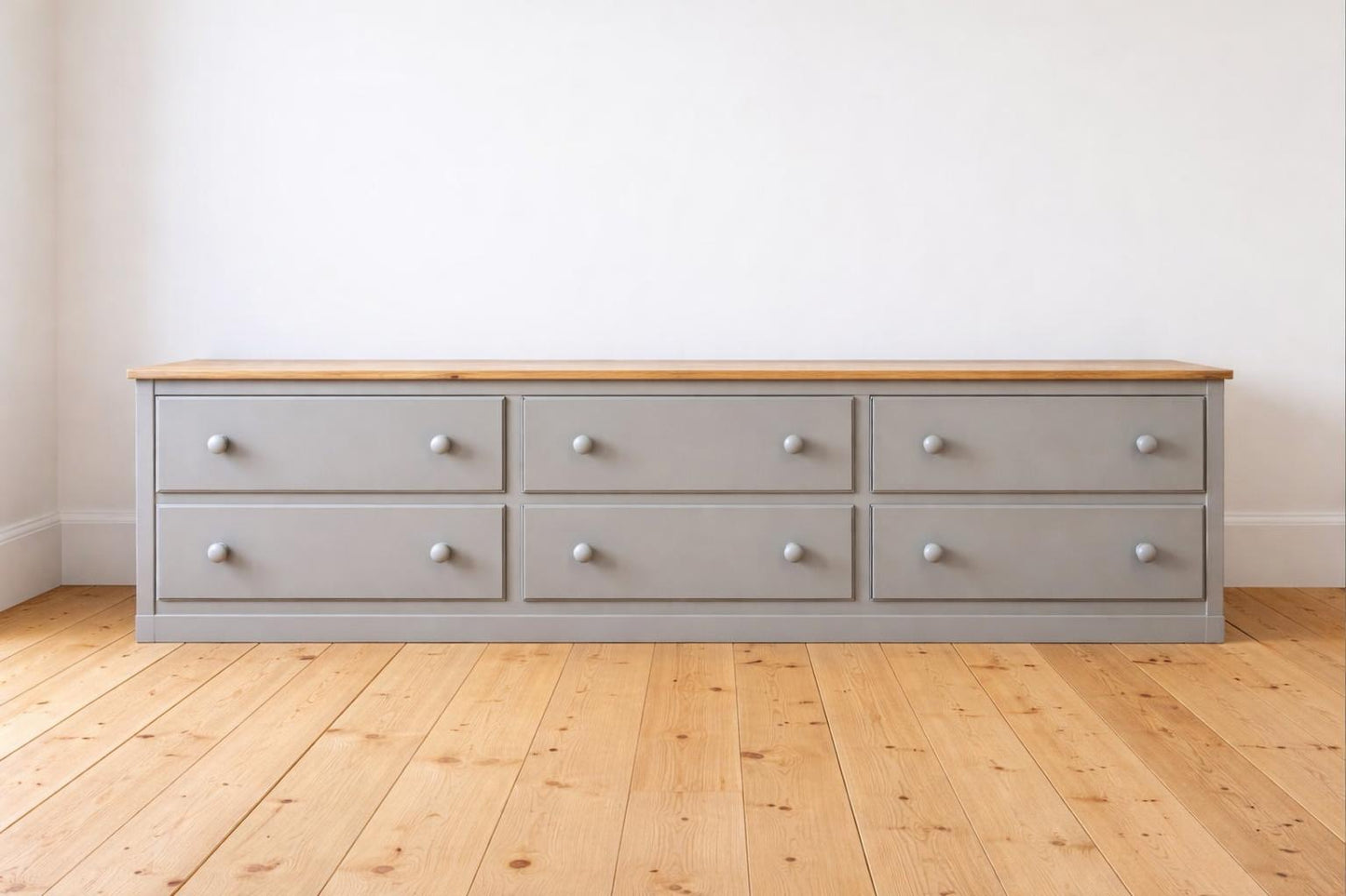 Large English Pine Bank of Drawers, Painted Gray