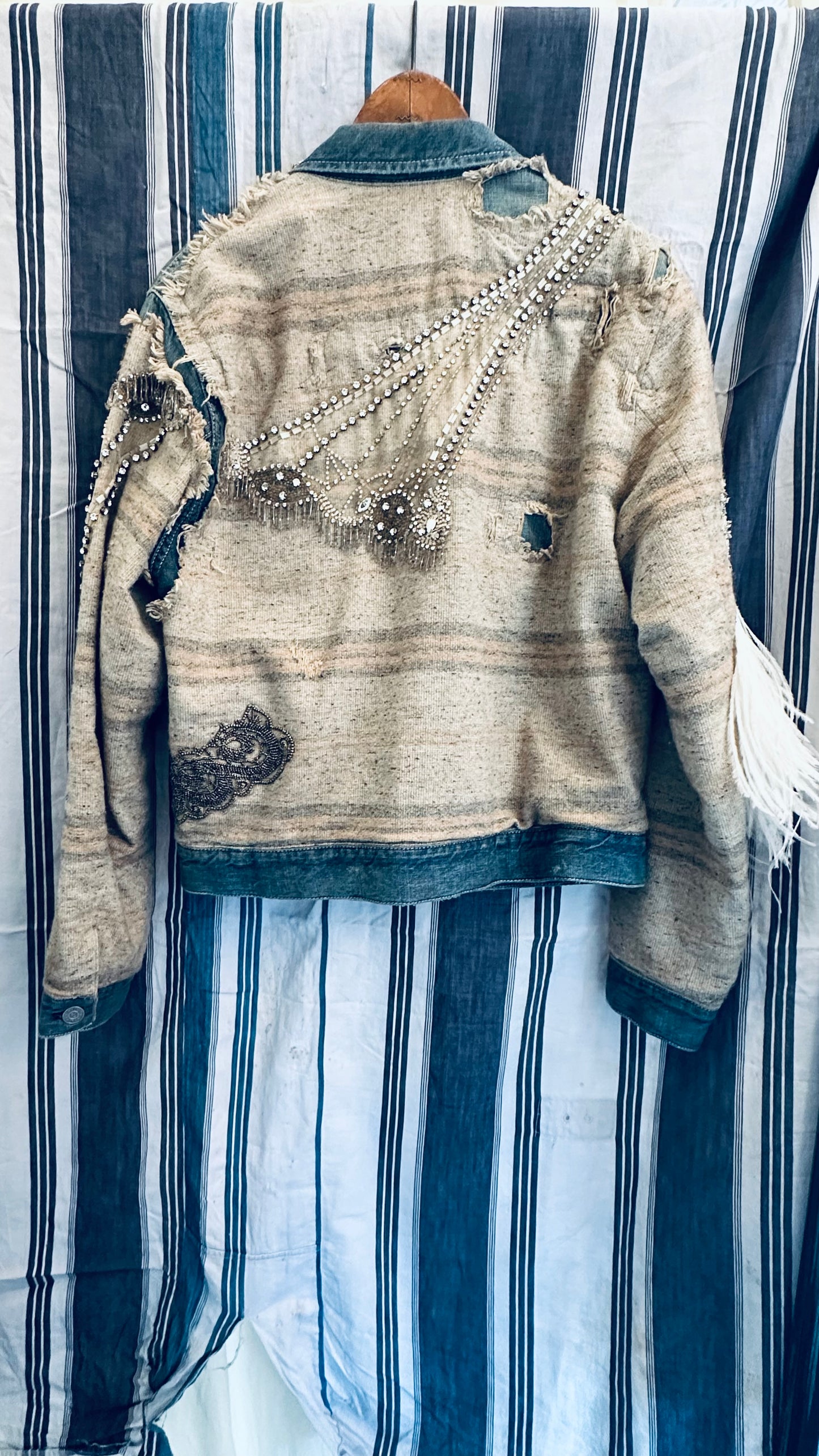 Ralph Lauren Purple Label Jacket Denim with Embellishments in Crystal, Lace & Feather