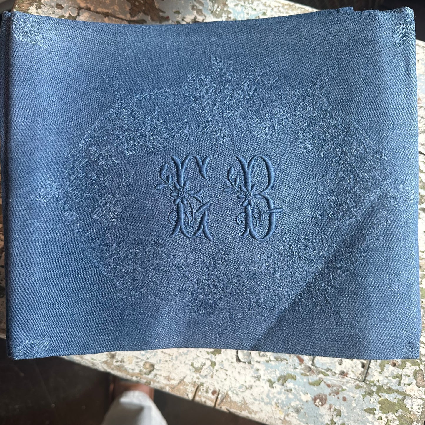 12 French 19th C Damask Napkins in Dyed French Blue