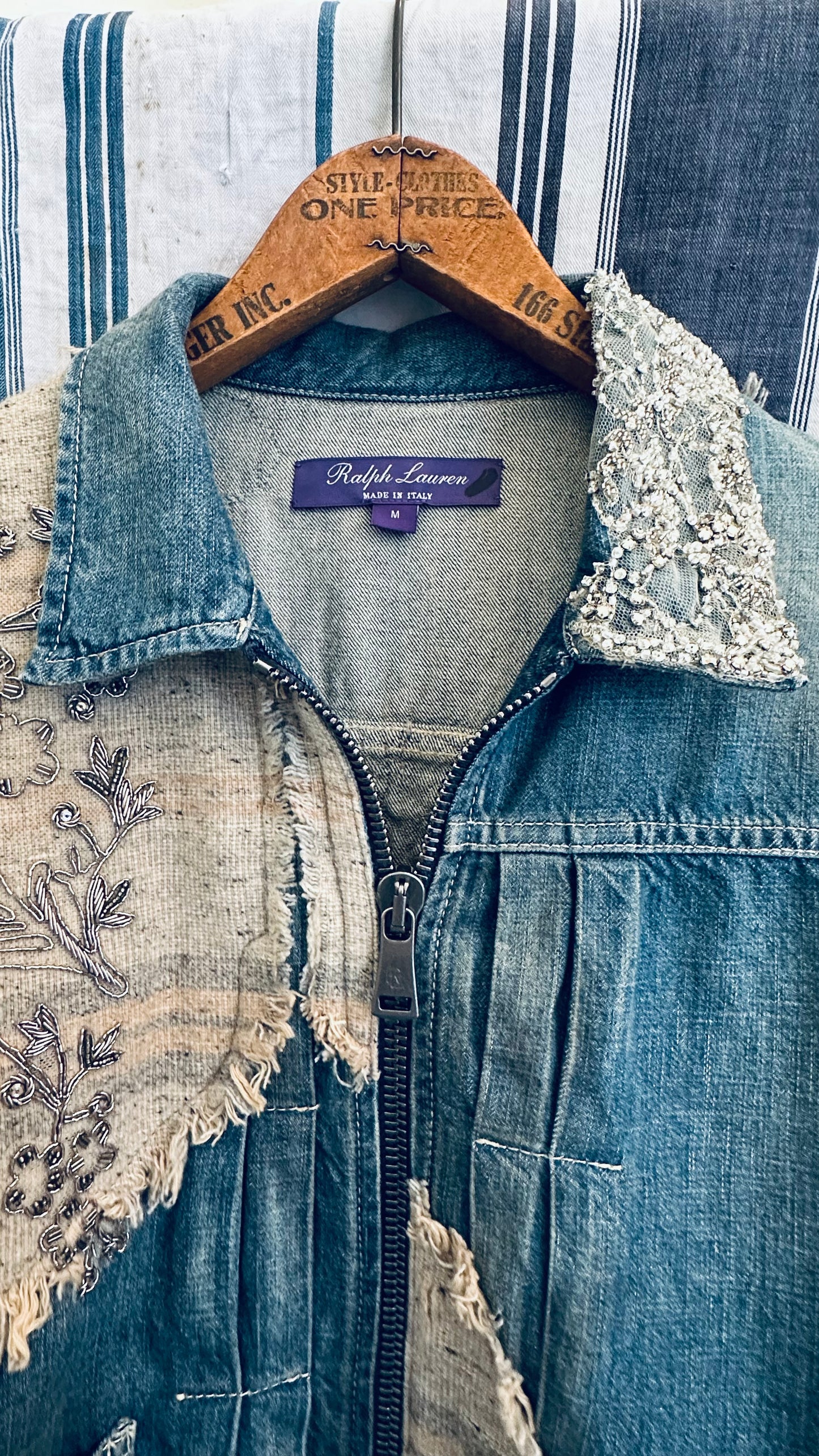 Ralph Lauren Purple Label Jacket Denim with Embellishments in Crystal, Lace & Feather