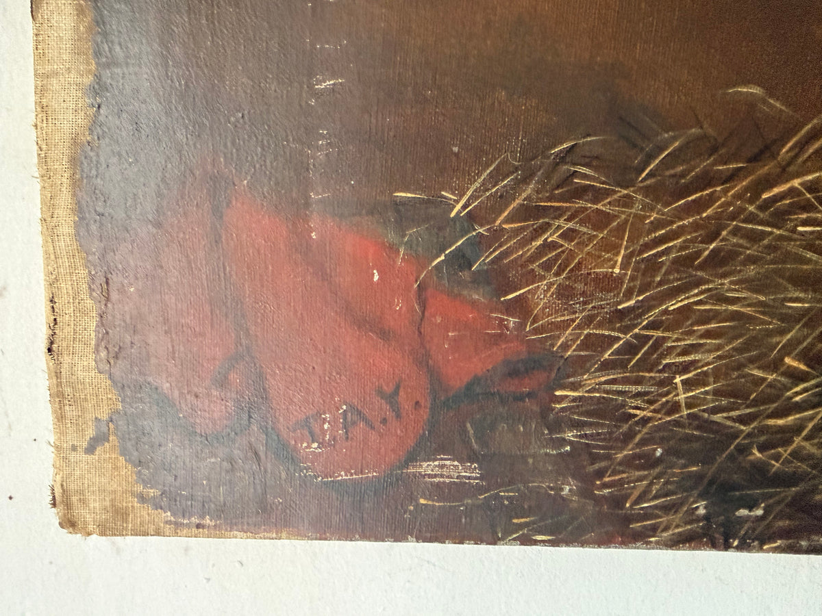 Vintage Oil Painting of a Grey Horse in Stable