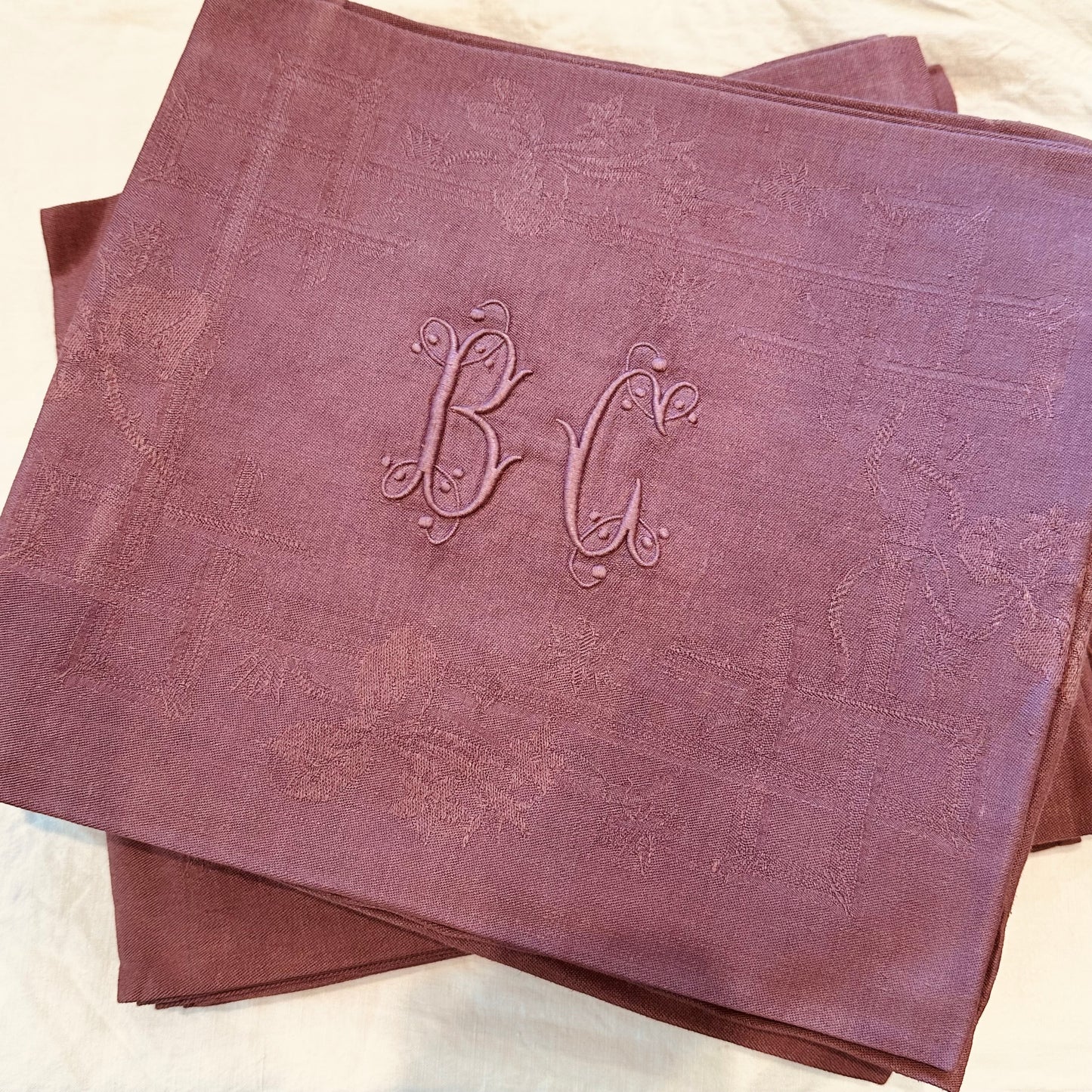 Very large French Damask Napkins in Eggplant