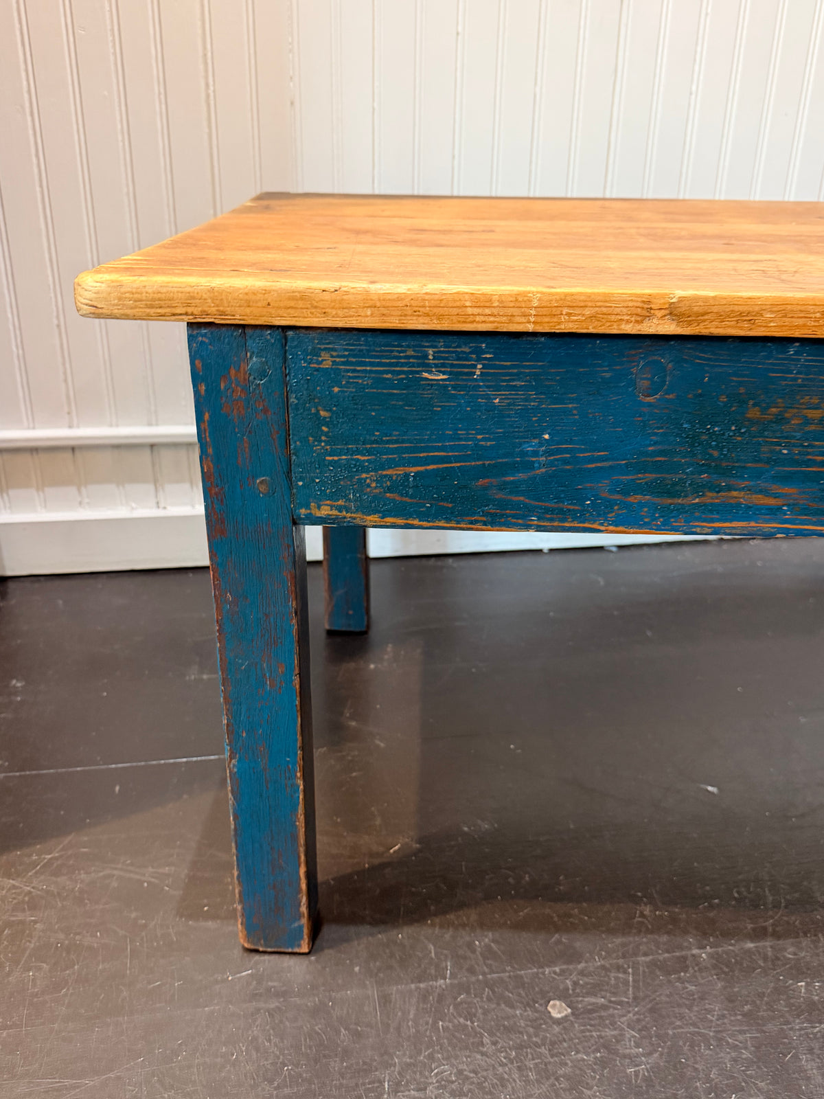 Vintage Pine Coffee Table with old Blue Painted Base