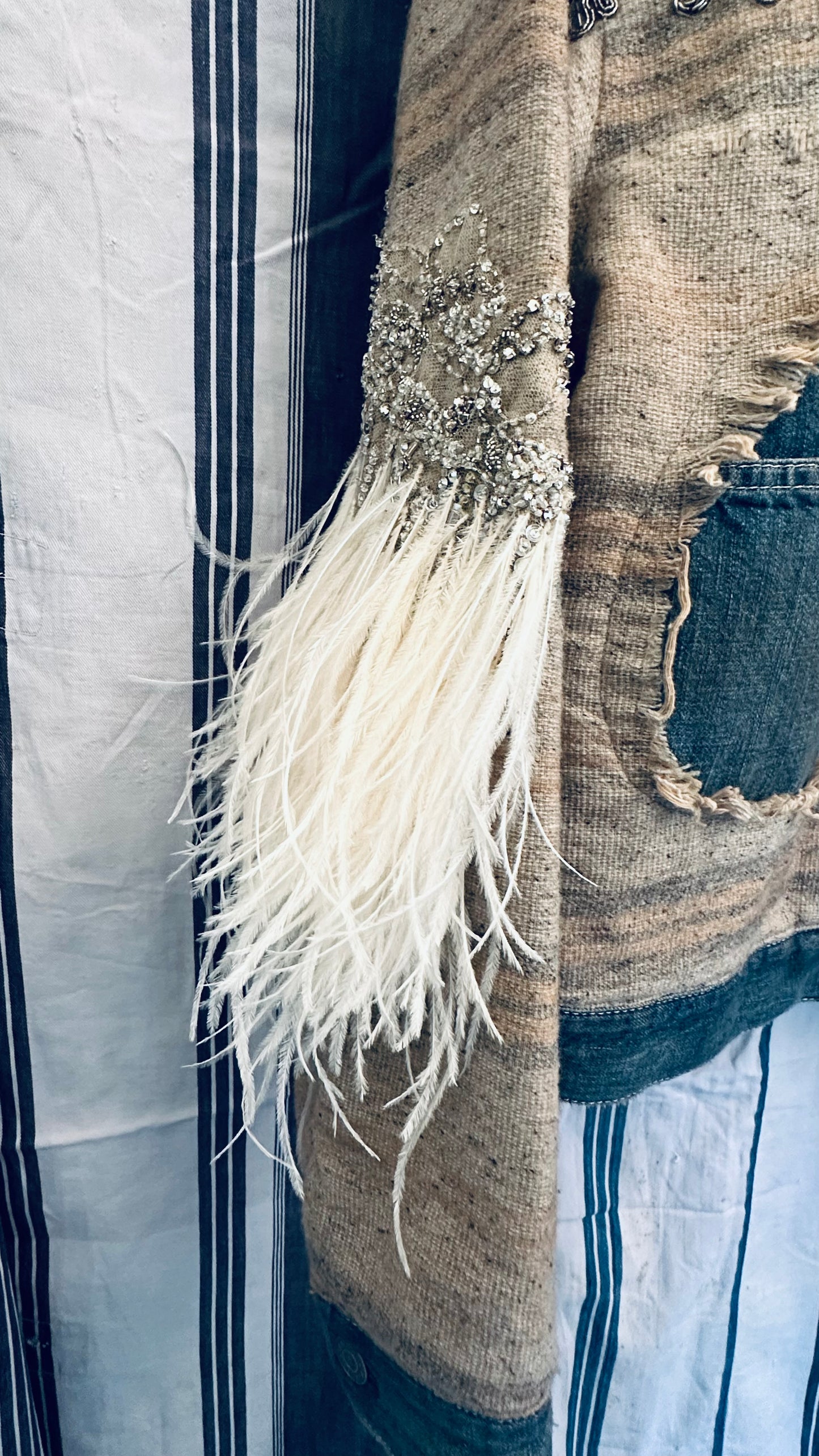 Ralph Lauren Purple Label Jacket Denim with Embellishments in Crystal, Lace & Feather