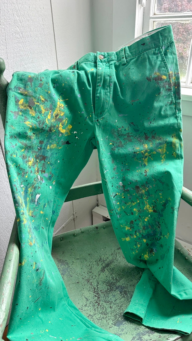 Upcycled Bright Green Ralph Lauren Polo Chinos Size 33/31, artist paint splatter limited edition