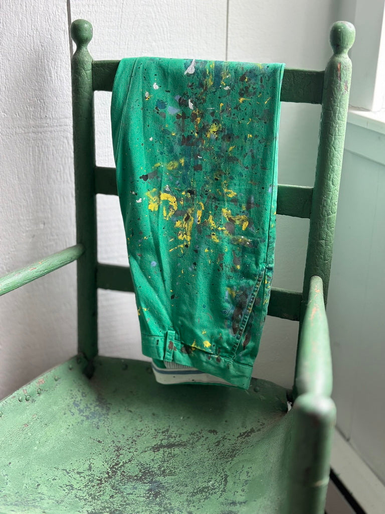 Upcycled Bright Green Ralph Lauren Polo Chinos Size 33/31, artist paint splatter limited edition