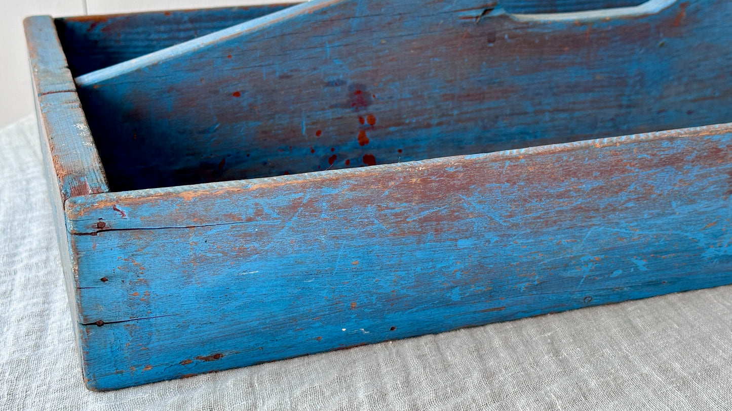 Large Vintage Cutlery Tray in Blue Paint