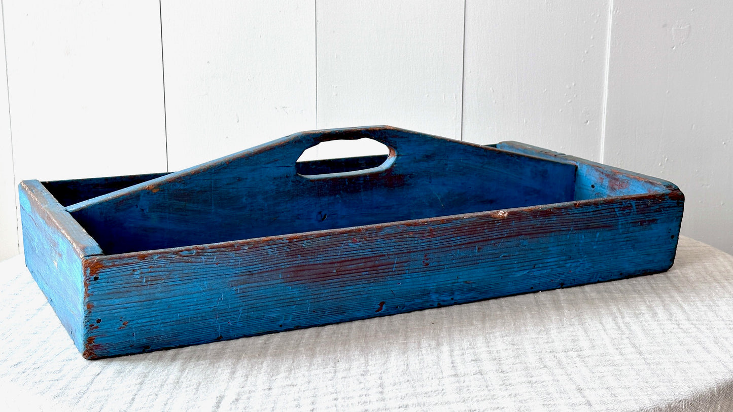 Large Vintage Cutlery Tray in Blue Paint