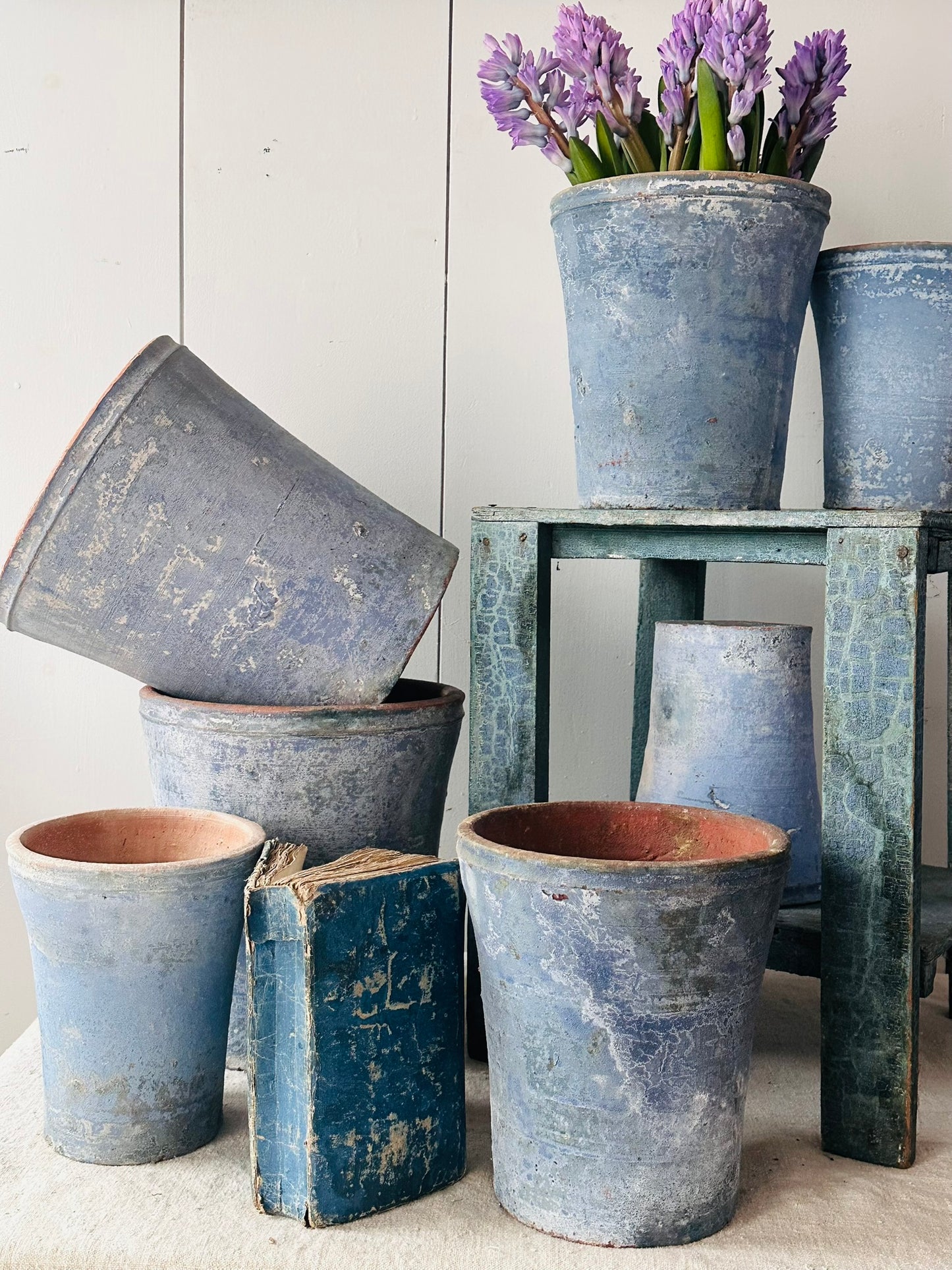 ITALIAN TERRACOTTA POTS IN 3 SIZES, DISTRESSED BLUE FINISH