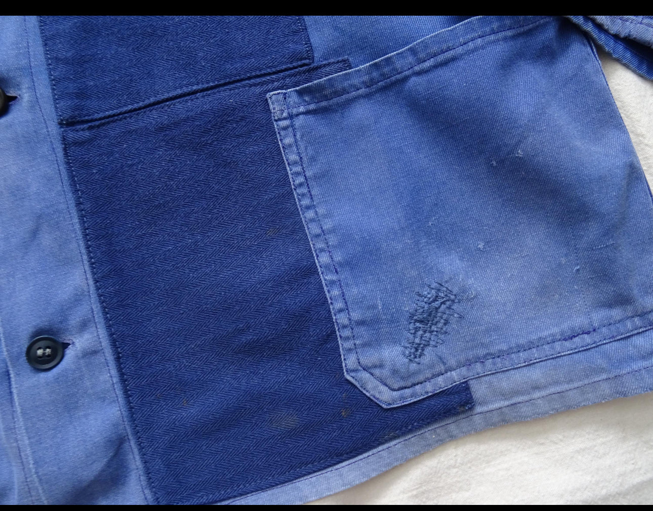 Vintage French Work Jacket with Patches in Indigo and French Blue
