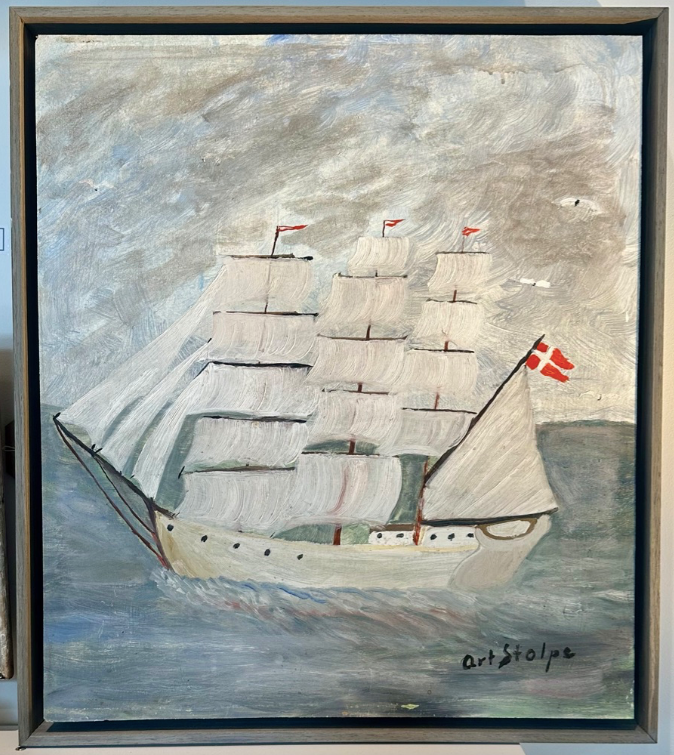 Folk Art Style Painting of a Frigate Ship Under Sail