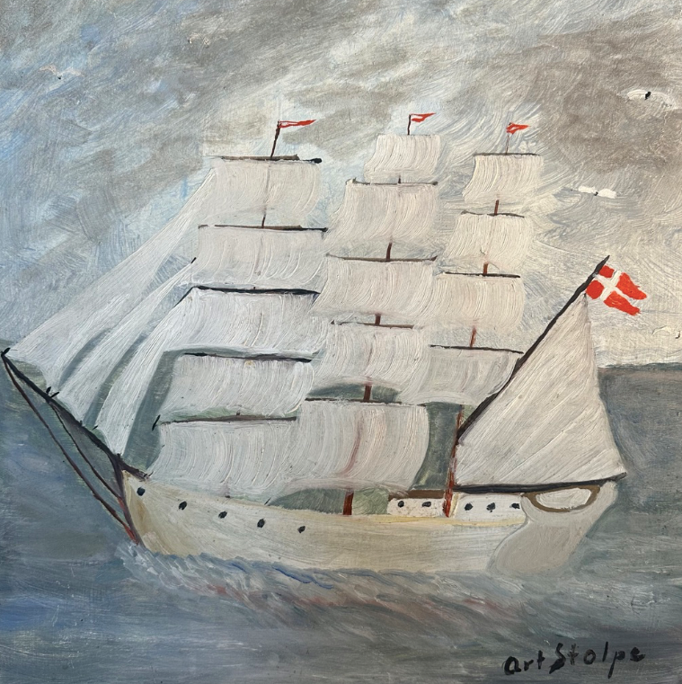 Folk Art Style Painting of a Frigate Ship Under Sail