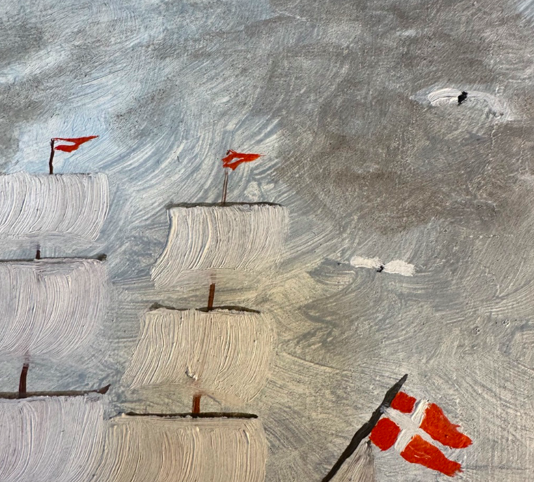Folk Art Style Painting of a Frigate Ship Under Sail