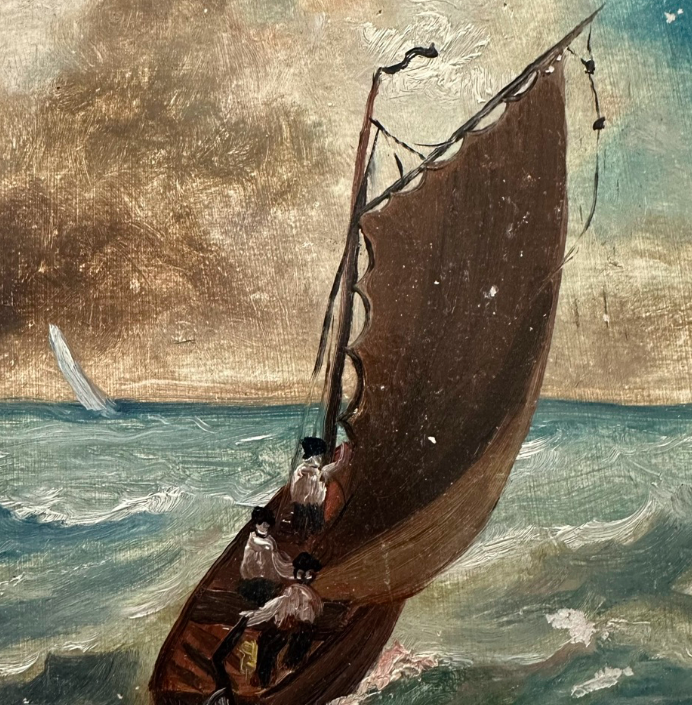 Small Oil on Board, Ship in a Storm, Dutch