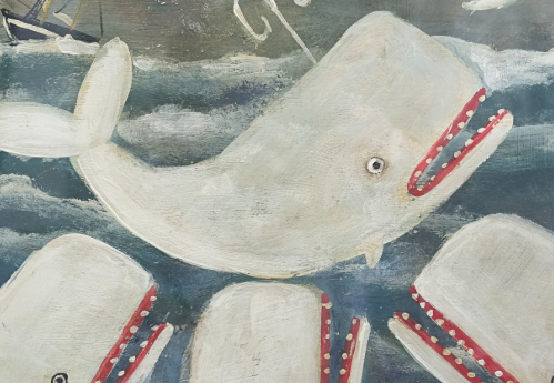 Folk Art Oil on Board of Whales
