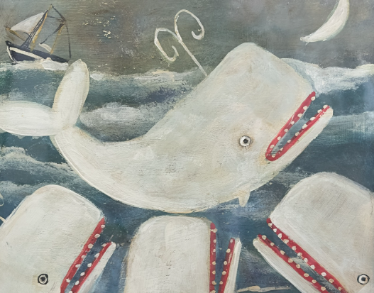 Folk Art Oil on Board of Whales