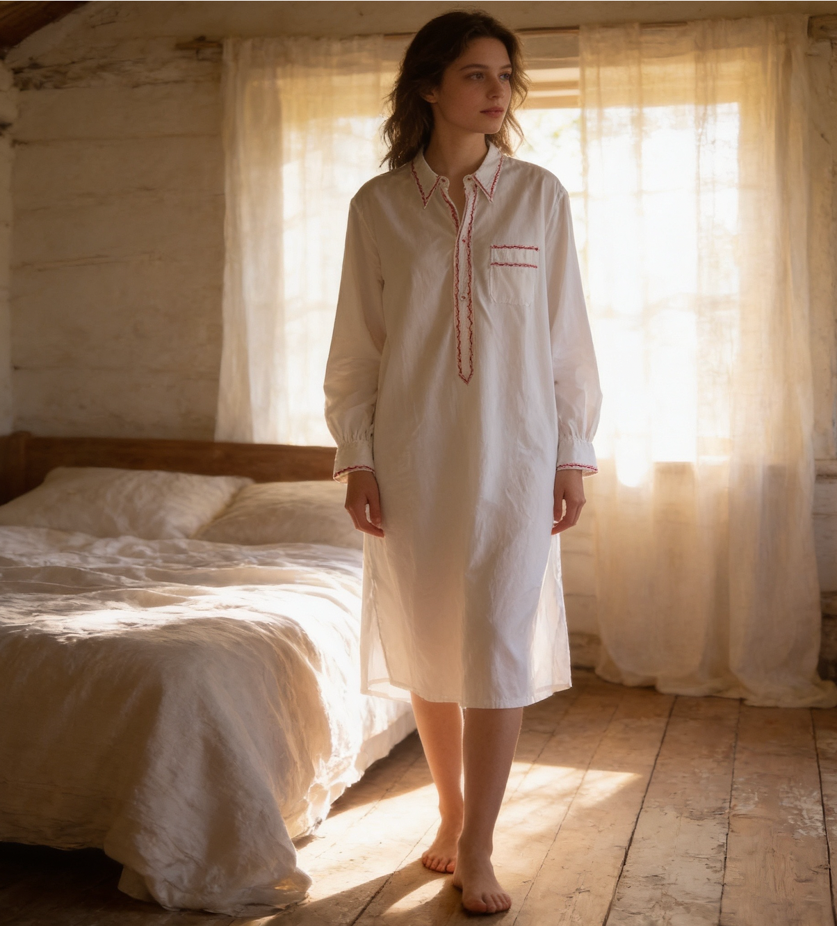 Vintage French Cotton Long Shirt with Red Trim