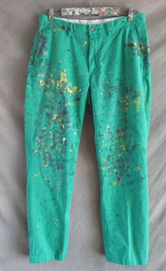 Upcycled Bright Green Ralph Lauren Polo Chinos Size 33/31, artist paint splatter limited edition