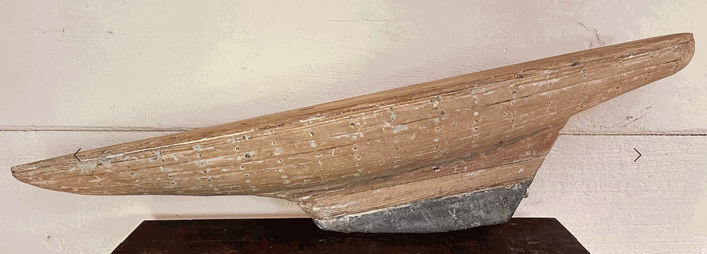 Lovely English Yacht Hull on pine stand, remains of old paint, with lead keel. c 1900