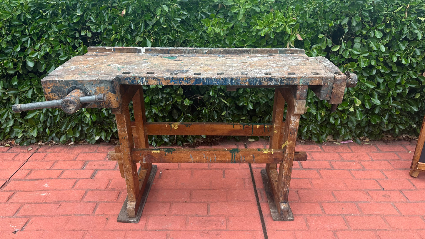 Vintage American work bench with splattered paint.