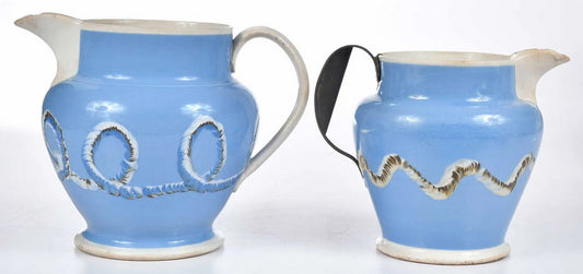 Rare English Mochaware Earthworm Pitchers, 2 available, 19th Century