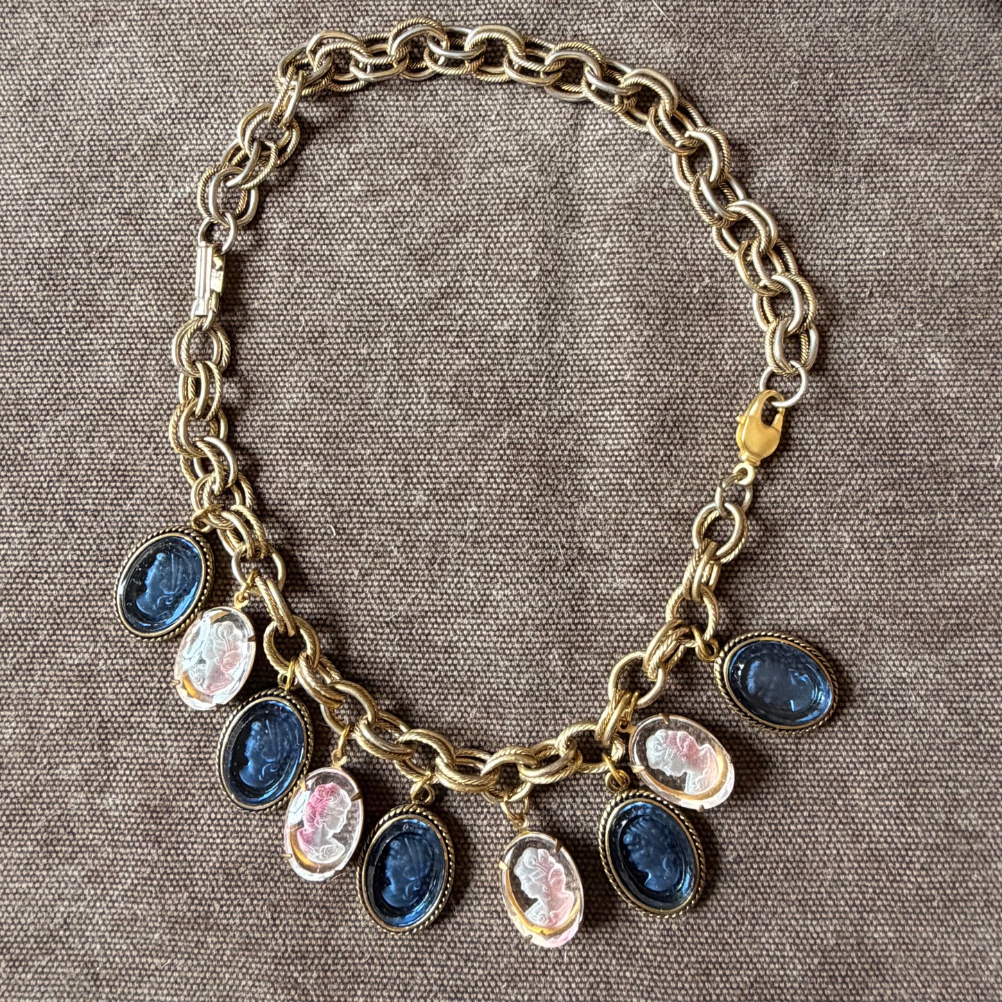 Vintage Gold Charm Necklane/ Bracelet with Glass Cameos