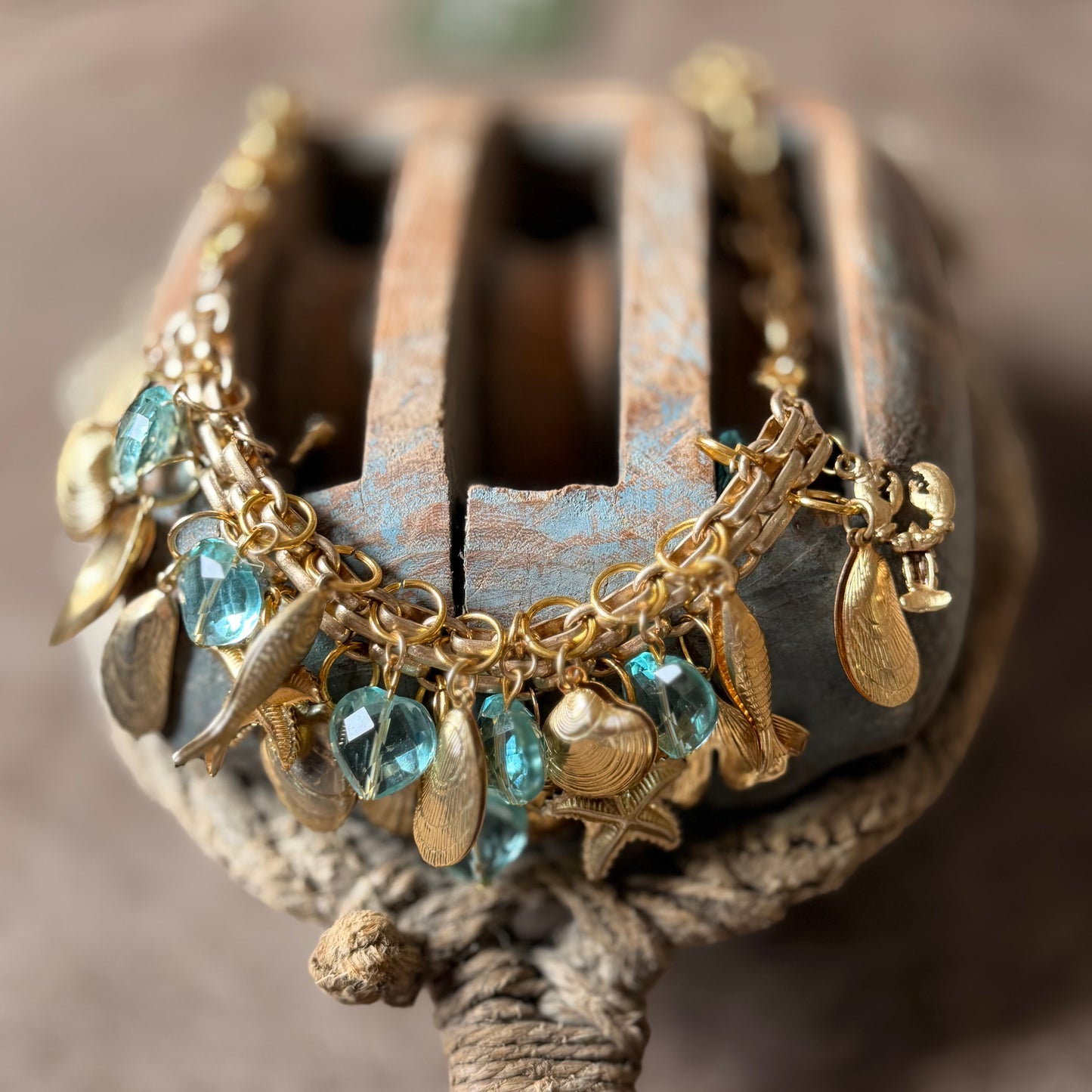 Vintage Charm Necklace/ Bracelet with Gold and Turquoise glass