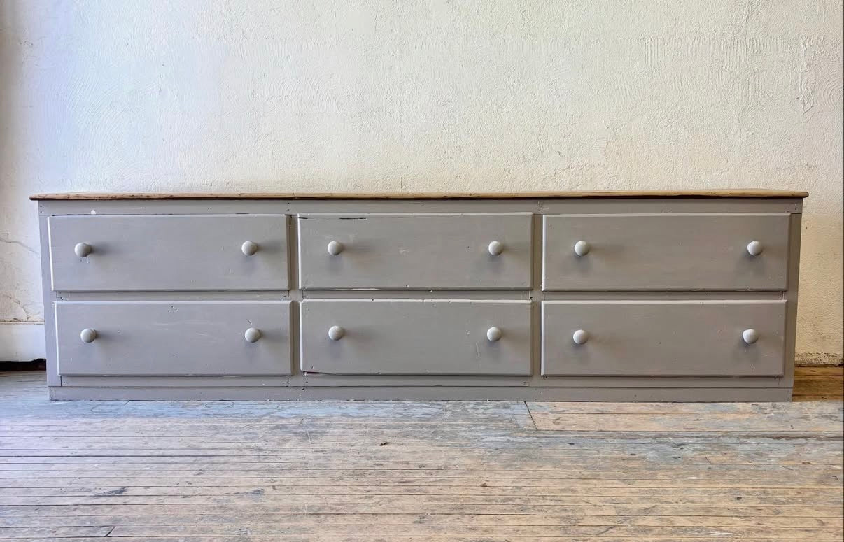Large English Pine Bank of Drawers, Painted Gray