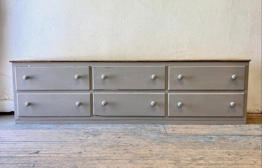 Large English Pine Bank of Drawers, Painted Gray