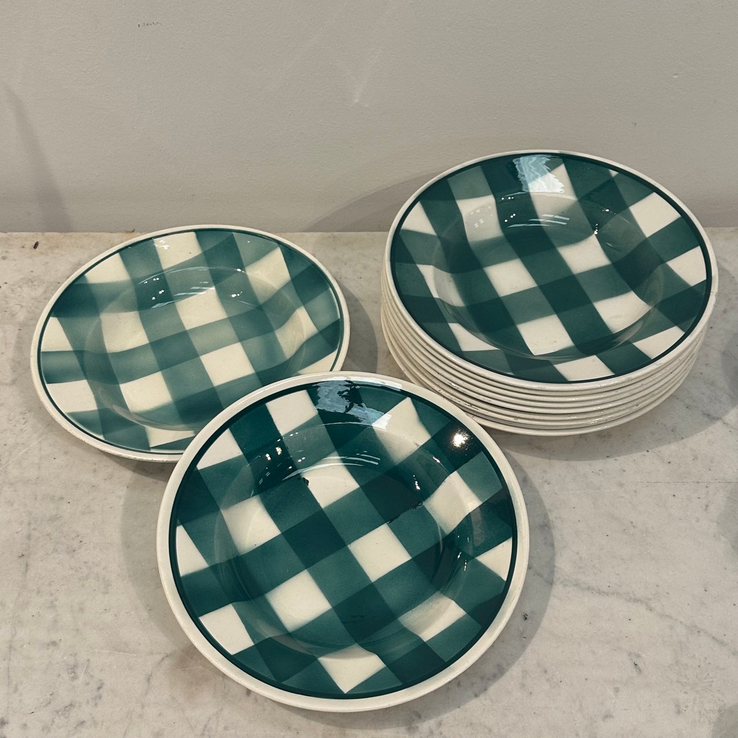 Set of 10 French Porcelain Bowls with Checked Design