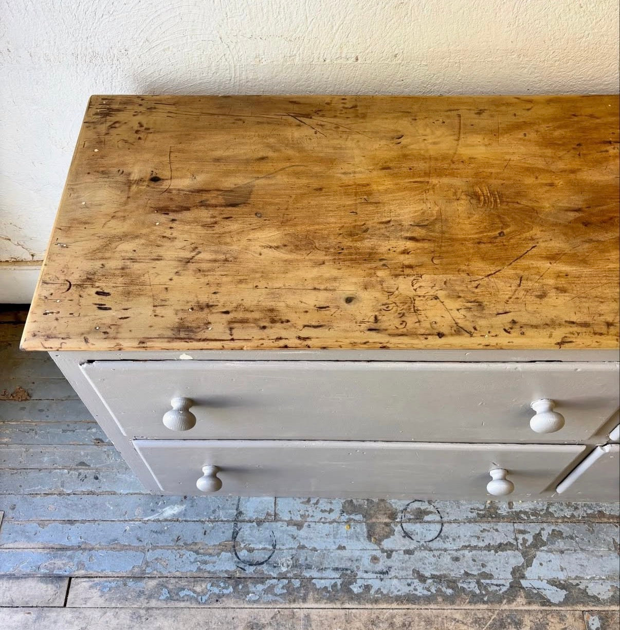 Large English Pine Bank of Drawers, Painted Gray