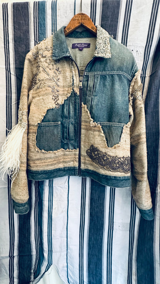 Ralph Lauren Purple Label Jacket Denim with Embellishments in Crystal, Lace & Feather