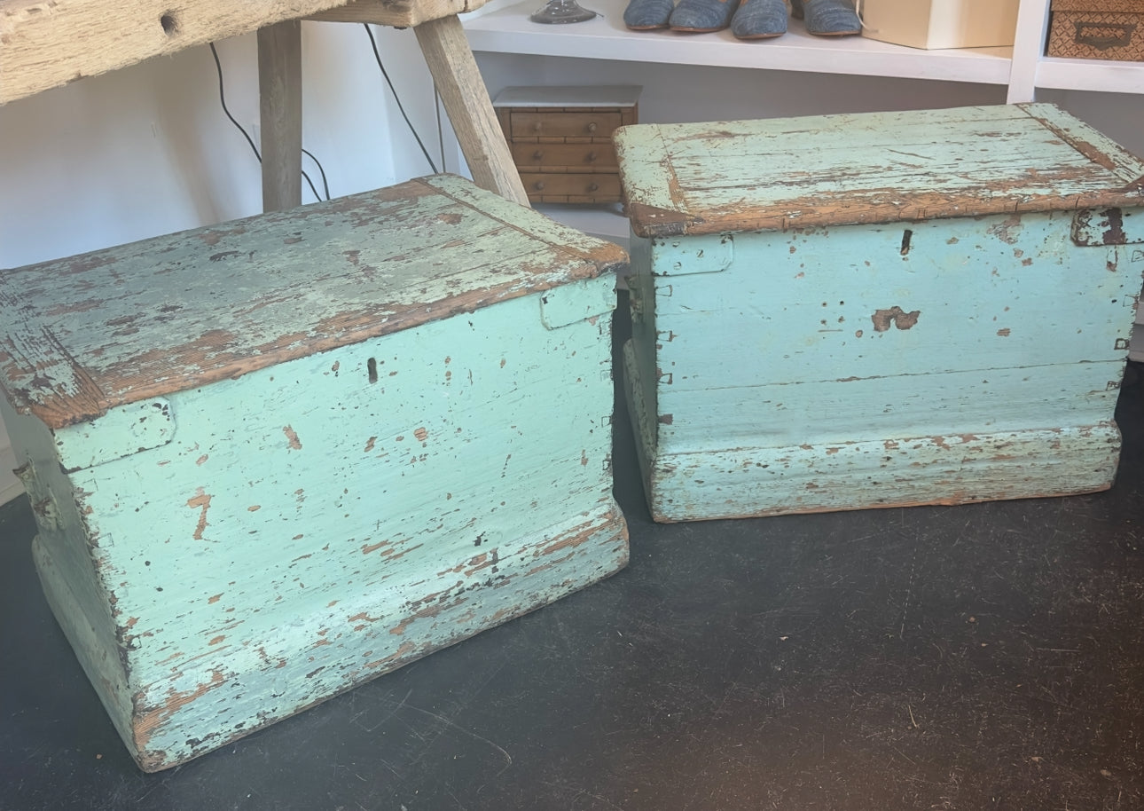 Pair English Painted Trunks, Side Tables
