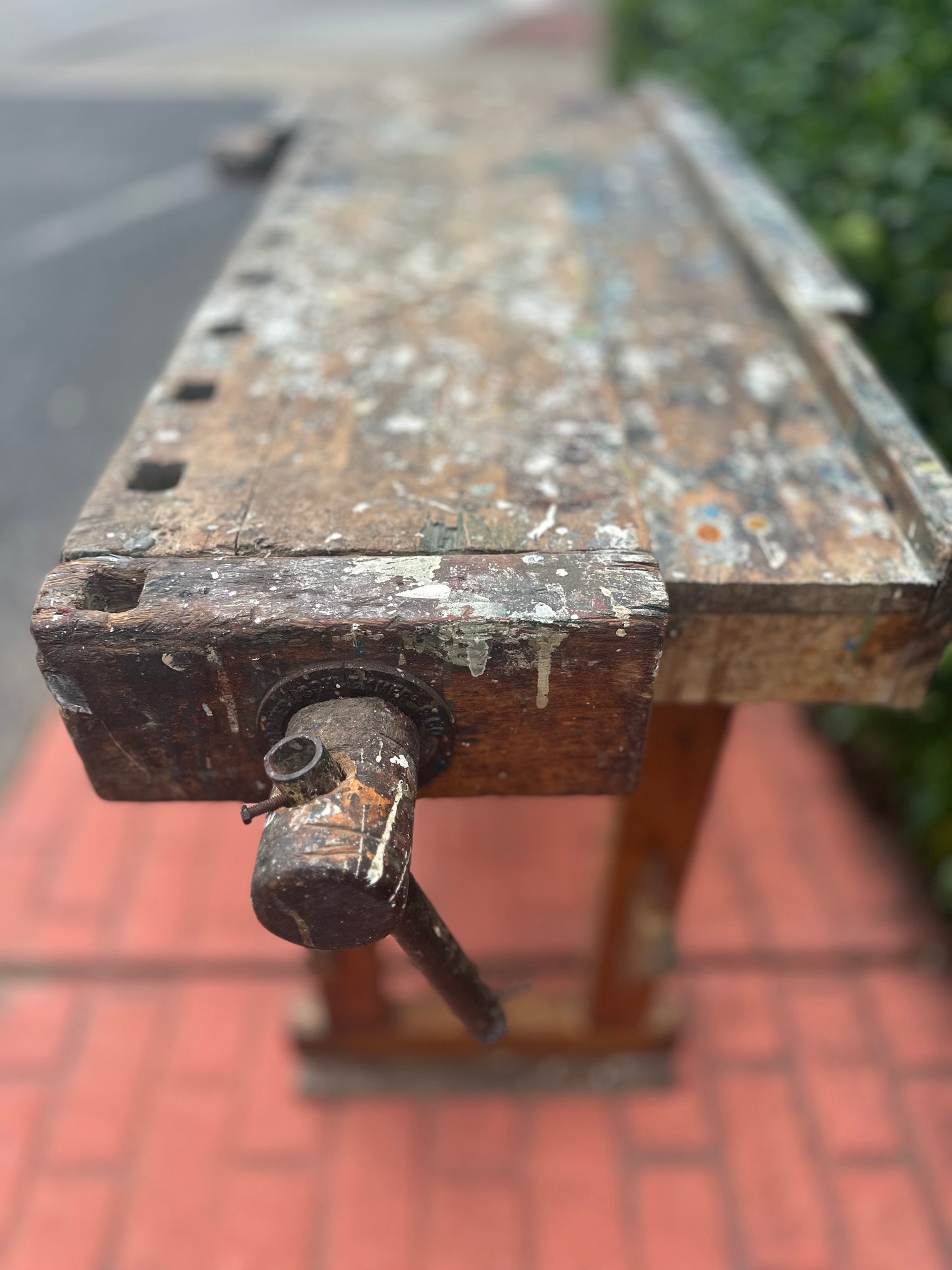Vintage American work bench with splattered paint.