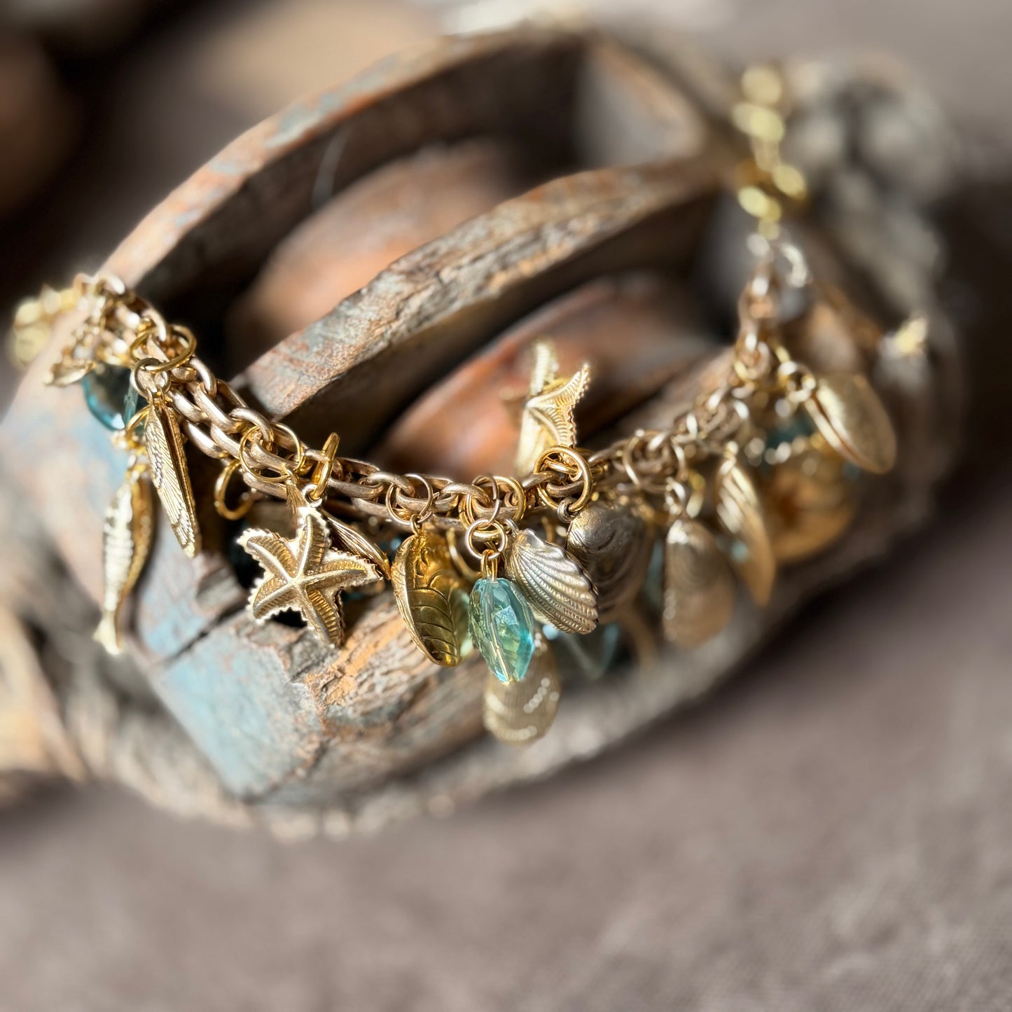 Vintage Charm Necklace/ Bracelet with Gold and Turquoise glass
