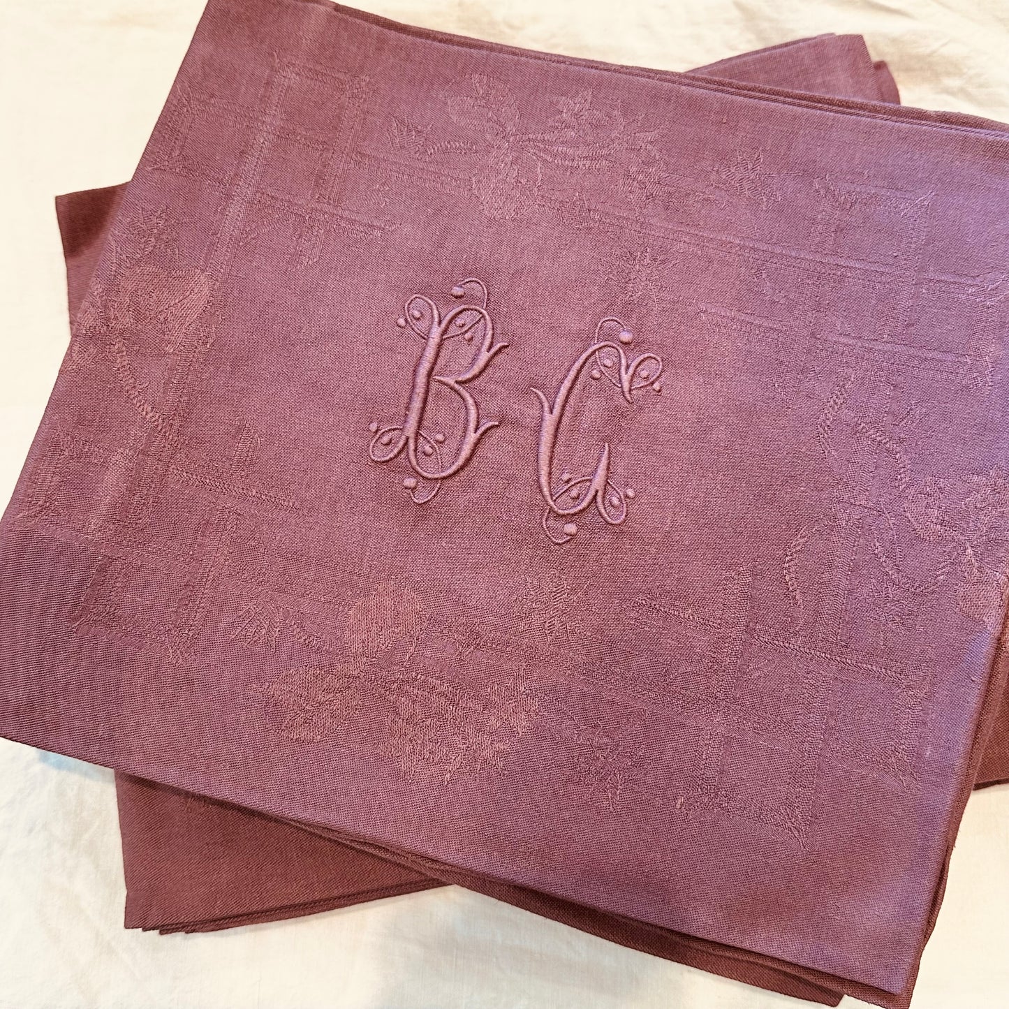 Very large French Damask Napkins in Eggplant