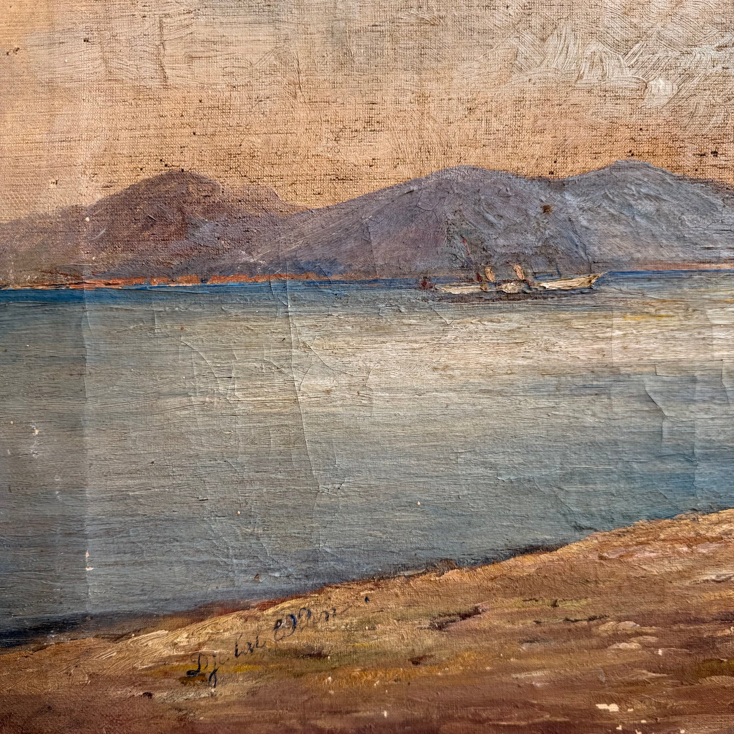 French 19th Century Oil Painting of a Lake & Beyond
