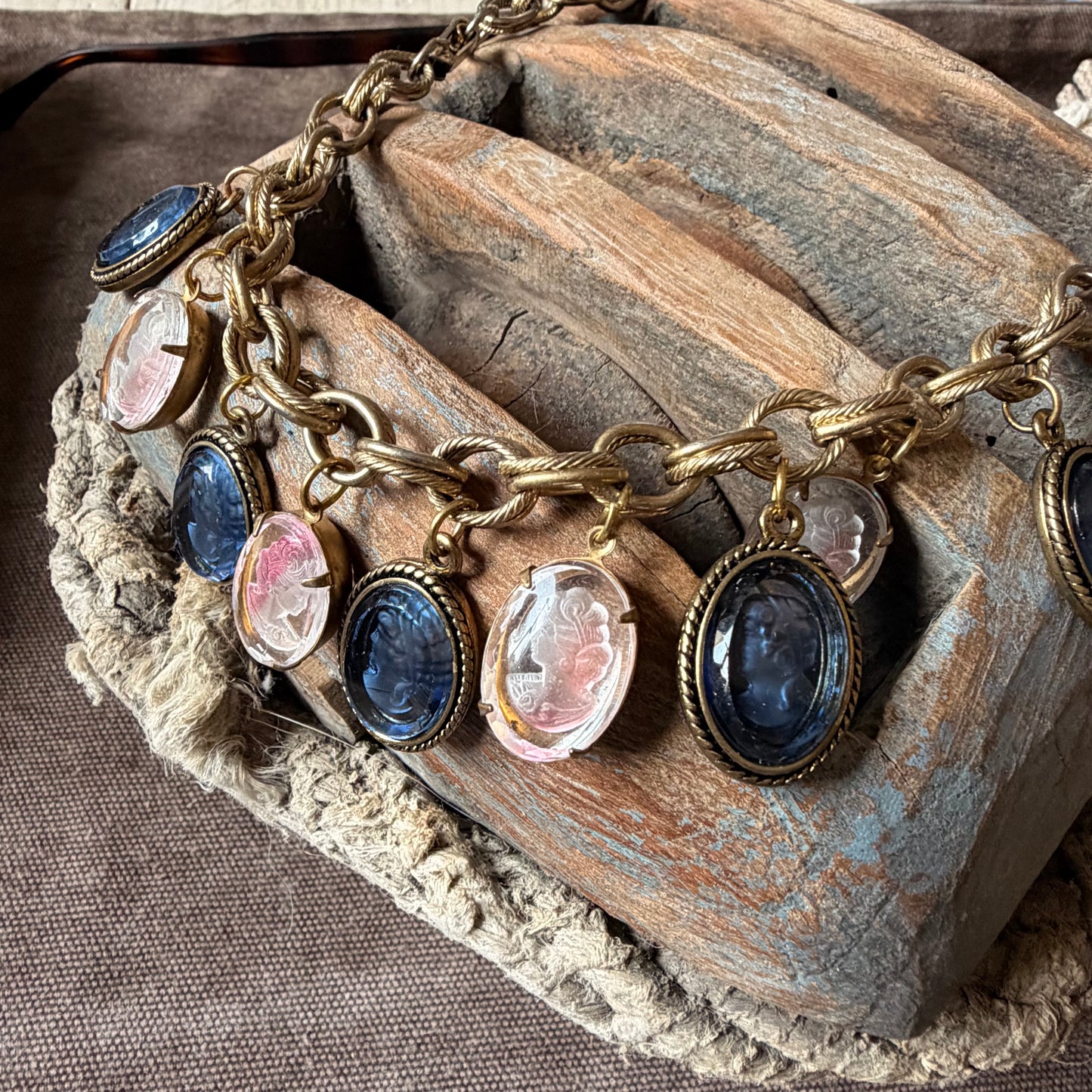 Vintage Gold Charm Necklane/ Bracelet with Glass Cameos