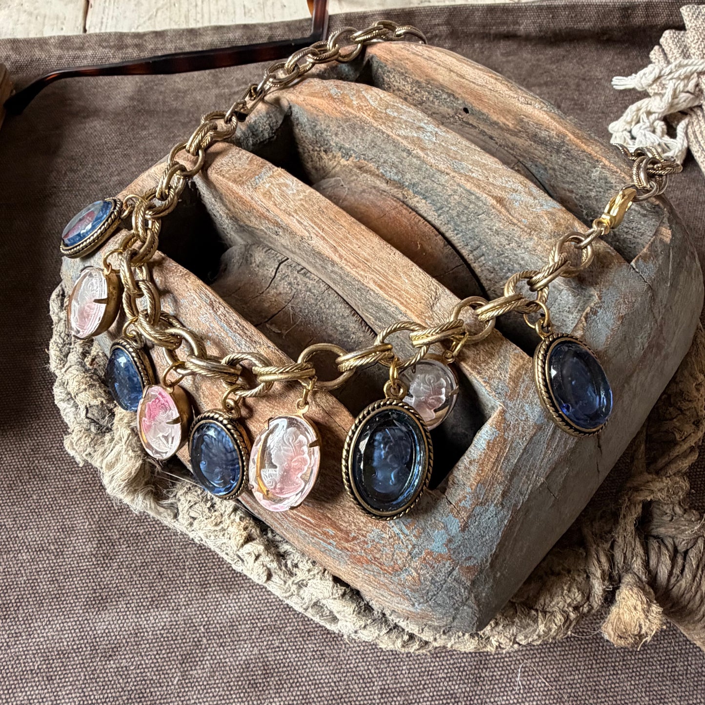 Vintage Gold Charm Necklane/ Bracelet with Glass Cameos