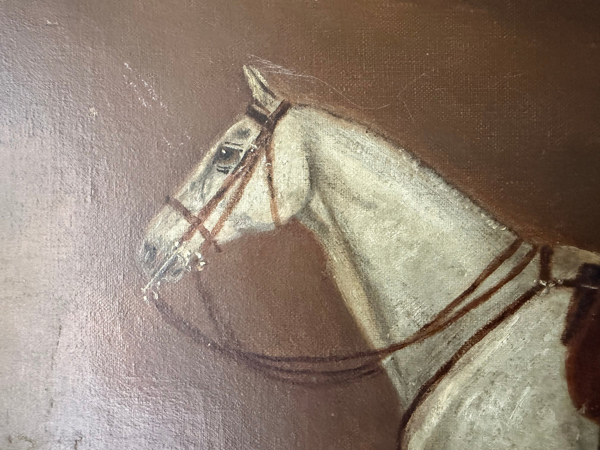 Vintage Oil Painting of a Grey Horse in Stable