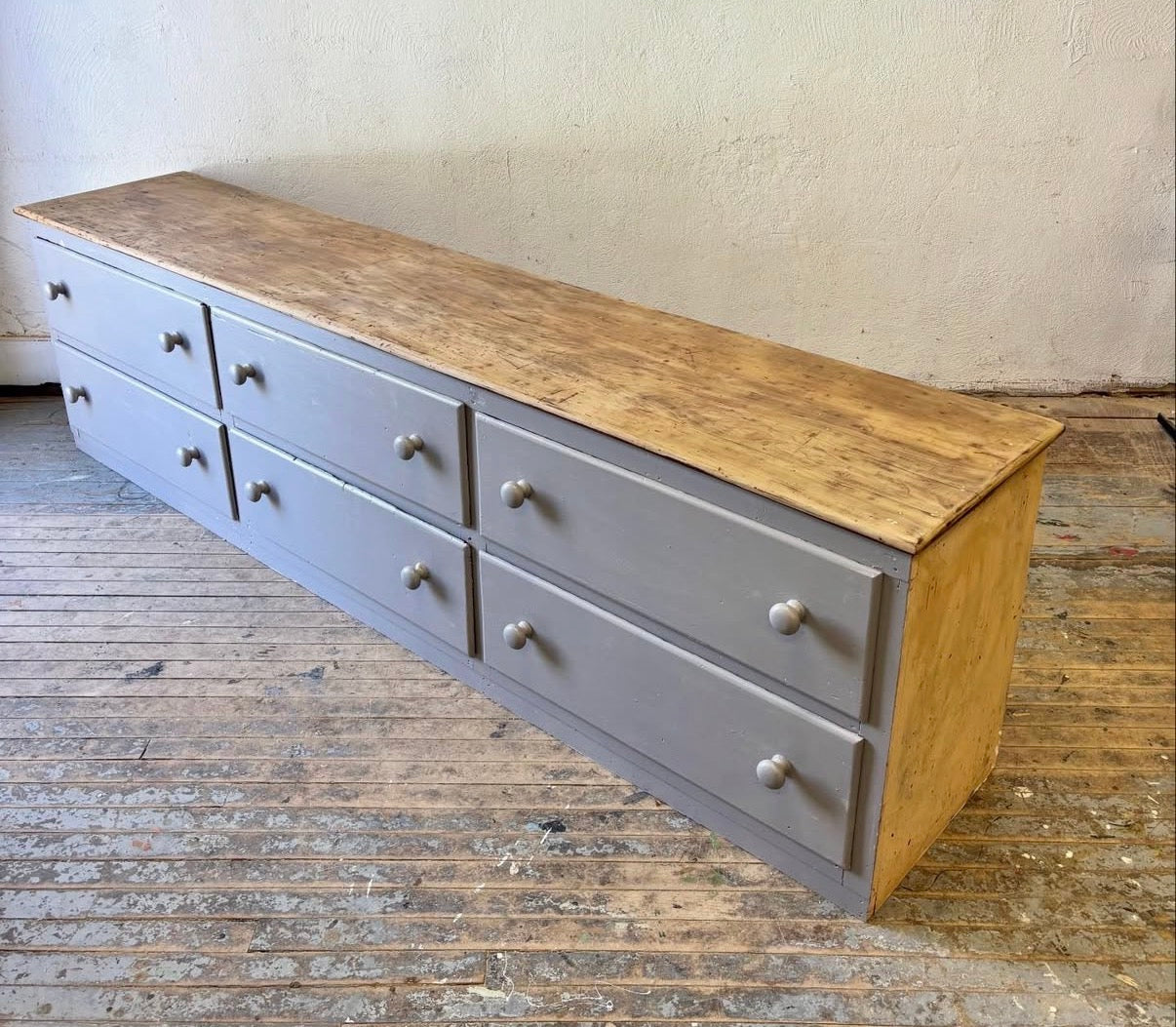 Large English Pine Bank of Drawers, Painted Gray
