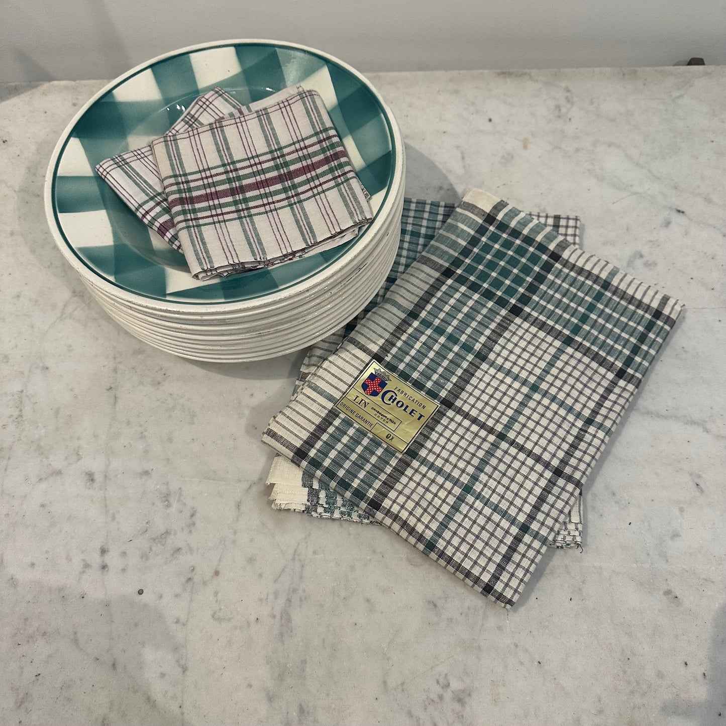 Set of 10 French Porcelain Bowls with Checked Design