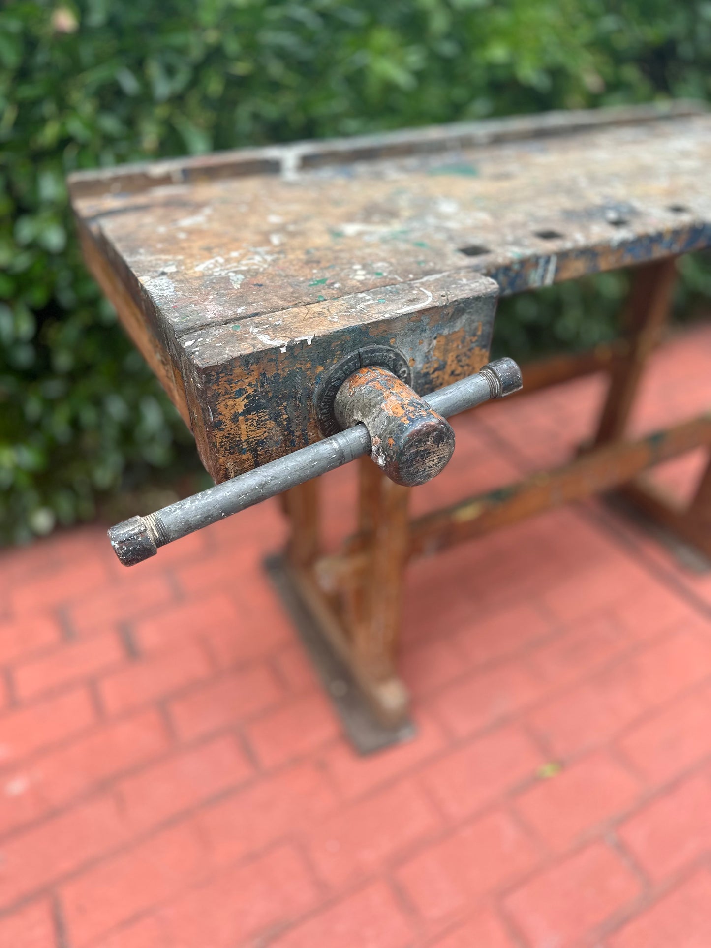 Vintage American work bench with splattered paint.