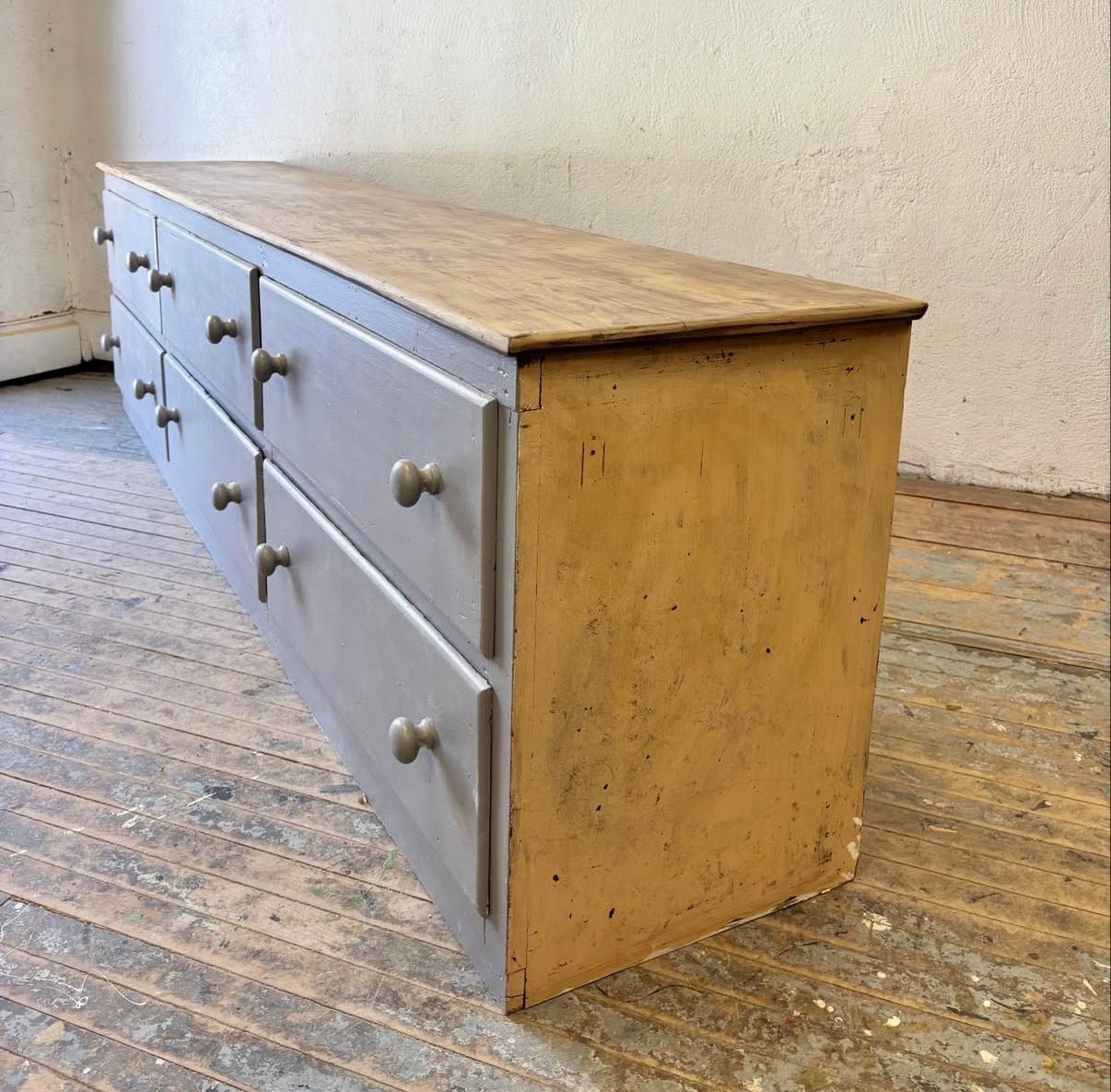 Large English Pine Bank of Drawers, Painted Gray