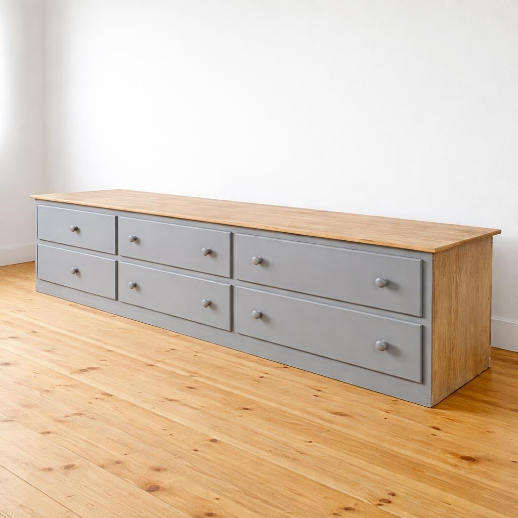 Large English Pine Bank of Drawers, Painted Gray