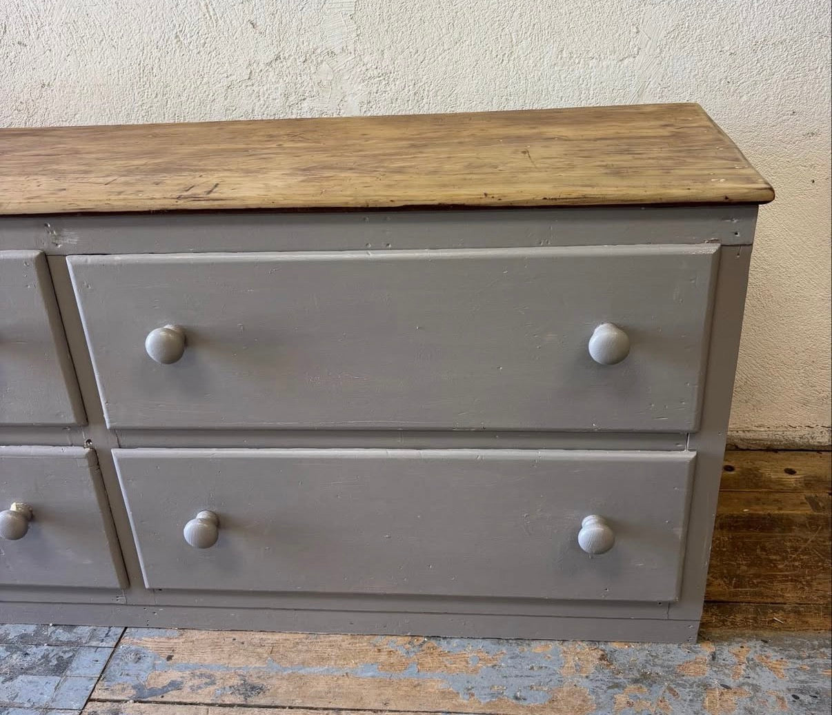 Large English Pine Bank of Drawers, Painted Gray
