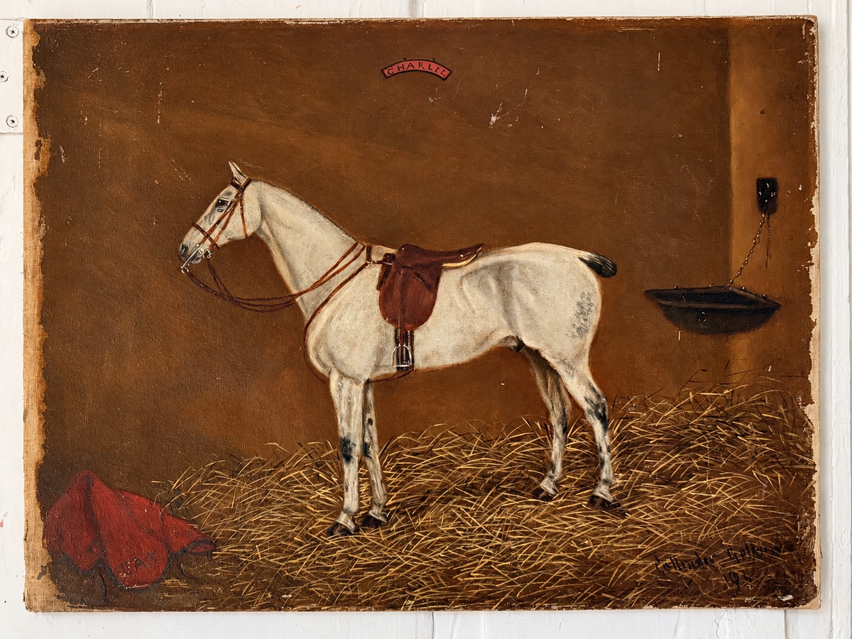Vintage Oil Painting of a Grey Horse in Stable
